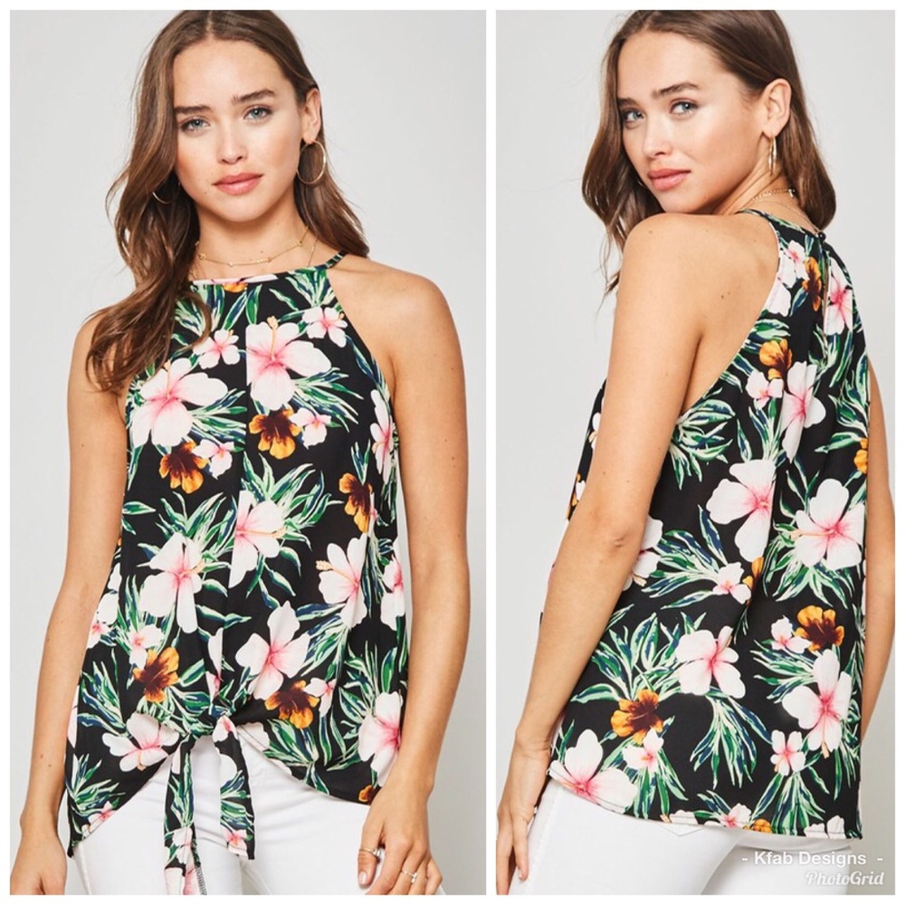 💐LAST 1! Tropical Floral Print Hem Tie Top-3left - Picture 2 of 6